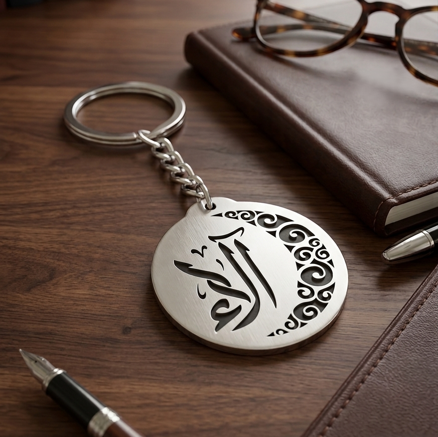 Gemini_Generated_Image_7oz9nf7oz9nf7oz9 🏷️ ميدالية مفاتيح دائرية مخصصة باسم "آلاء" وزخرفة الهلال الإسلامي - Image 1